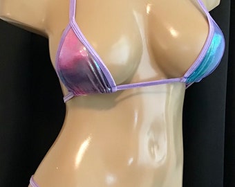 Ensemble bikini string décapant dancewear exotique hologramme