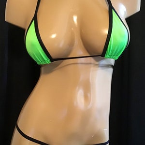 Exotic dancewear stripper rave  micro thong bikini set neon glow lime black