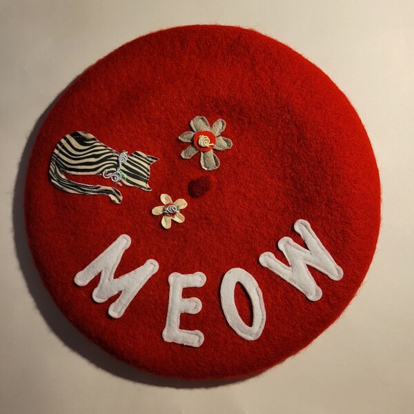 Winter wool beret with cat, flower and and meow embellishments, created by hand. Stylish, warm, original, great gift!