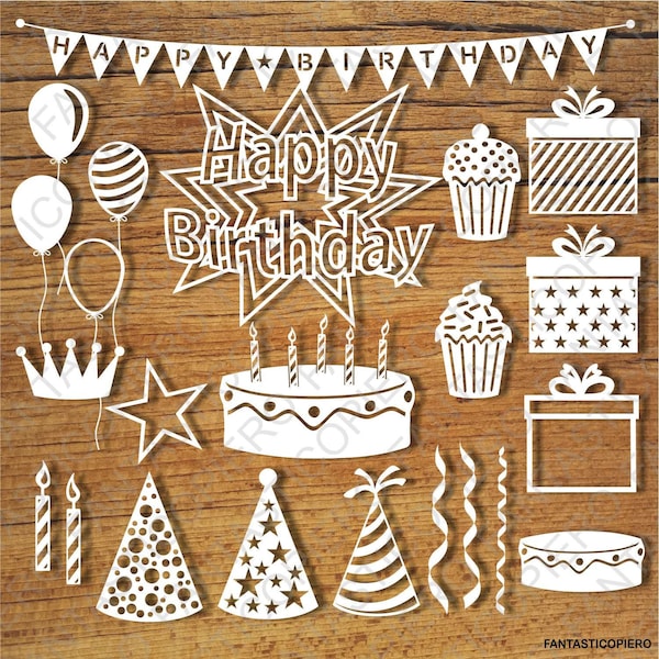 Happy Birthday Bundle SVG Dateien für Silhouette Cameo und Cricut. Geburtstag Clipart PNG enthalten.