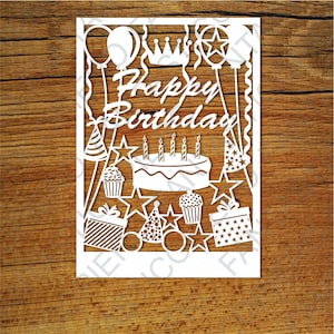 Happy Birthday kaart SVG-bestanden voor de Silhouette Cameo en Cricut. Happy Birthday kaart clipart PNG opgenomen. Verjaardag uitnodiging svg sjabloon.