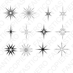 May include: Twelve black starburst shapes with varying numbers of points and sizes. The stars are arranged in four rows of three stars each.
