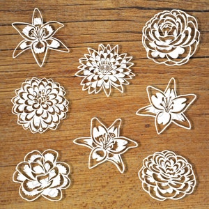 May include: Eight white paper cut-out flower designs on a wood background. The flowers include lilies, roses, and dahlias.