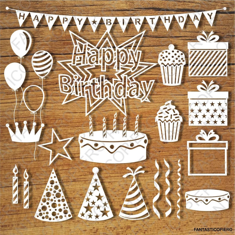 May include: White paper cutouts of birthday party decorations, including a cake, balloons, presents, hats, and a banner that reads "Happy Birthday".