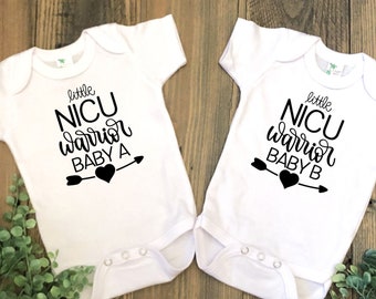 Twin Babies NICU Baby Bodysuit Preemie Twins Little NICU Warrior Baby 1 and Baby 2 Baby A and Baby B NICU Baby Gift for Preemie Twins