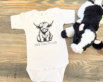 Cow Baby Bodysuit, Funny Baby Bodysuit, Holy Cow I'm Cute, Funny Animal Clothes for Baby, Cute Baby Clothes, Baby Highland Cow Shirt