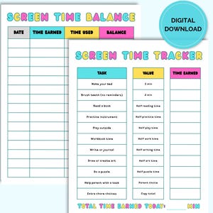 Puede incluir: Dos hojas imprimibles tituladas Screen Time Balance y Screen Time Tracker con encabezados coloridos. Los gráficos incluyen columnas para fecha, tiempo ganado, tiempo usado, saldo, tareas y valores para gestionar el tiempo de pantalla.