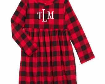 Monogramed  Red Plaid embroidered Christmas dress, Embroidered Christmas dress,