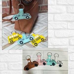 Embroidered car rider key chains, car rider, back to school. Car rider, bike rider, backpack accessories, backpack tag