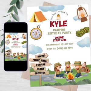 Invitations d'anniversaire sur le thème du camping, invitations d'anniversaire en plein air, invitations numériques, invitations imprimables, invitations d'anniversaire pour enfants