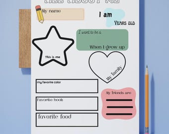 All about me printable- All about me instant download- back to school printable-  first day printable - instant printable- learning printabl
