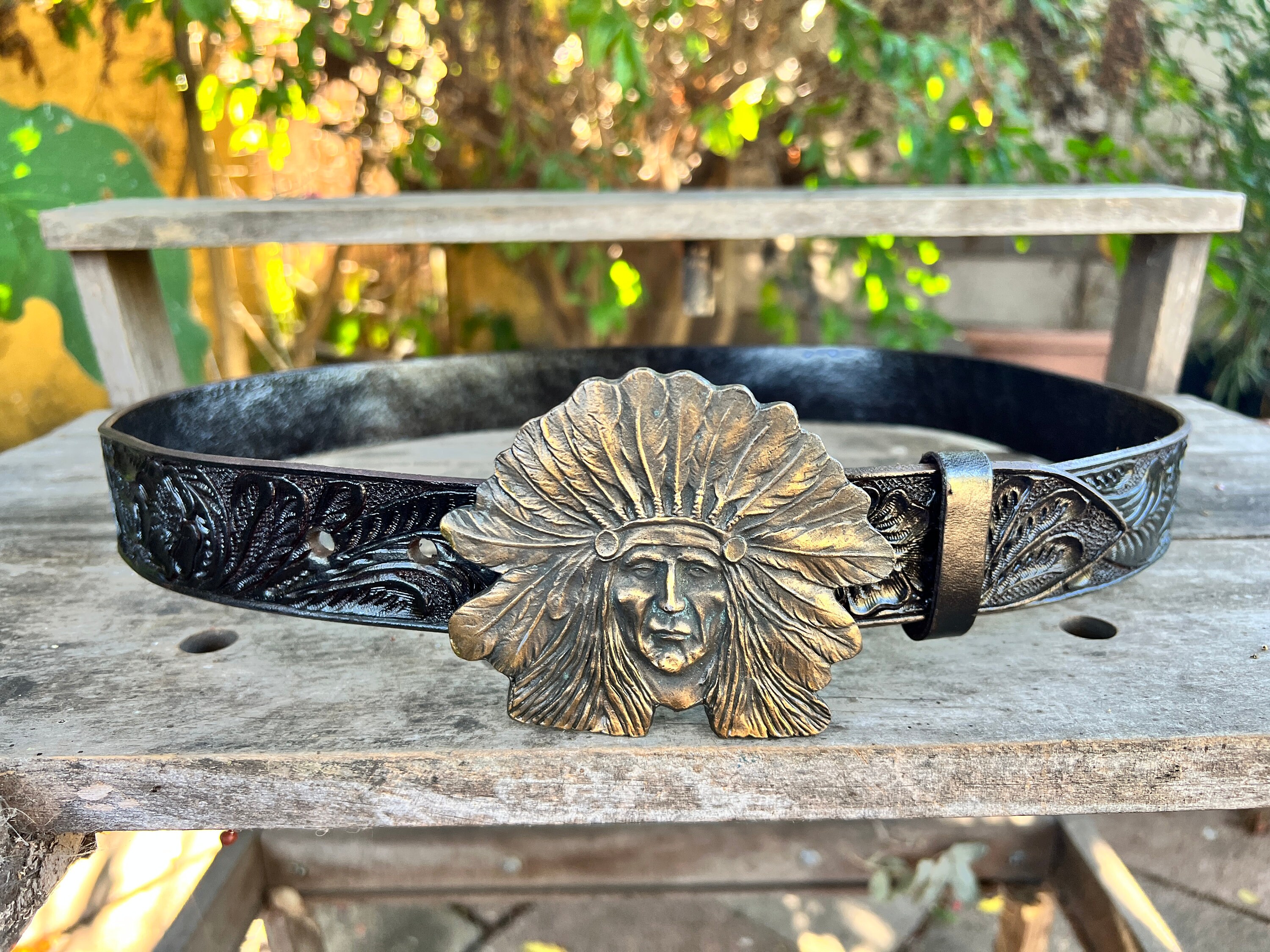 Artisanal hand-carved leather totem belt with brass v-tip Boho ethnic Tribal. Viking Leather Belt with Norse Styled Brass Buckle & Tip  main image 4