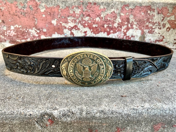 Hand-tooled Leather Belt Vintage Dark Brown.with Vintage  display picture 2