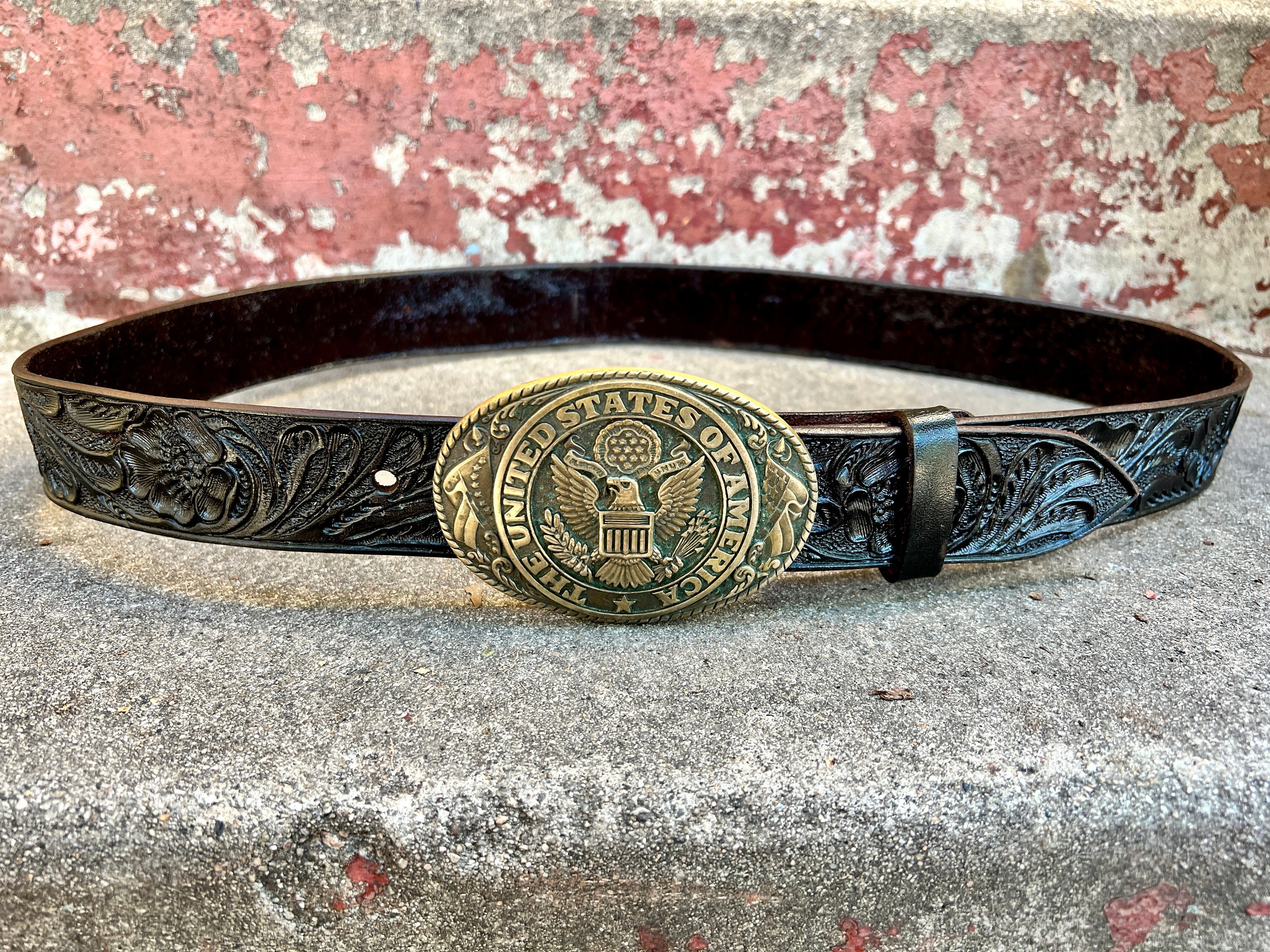 Vintage Tooled Leather Belt Brown Solid Brass Palm Tree Island Buckle Size 36 Men main image 2