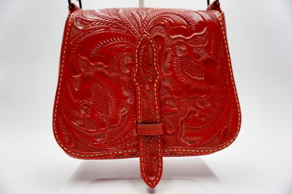 Shoulder Bag Hand-Tooled Leather Vintage Red''ACM… - image 7