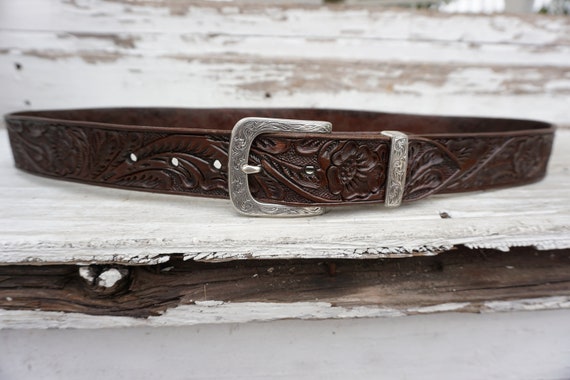 Hand-Tooled Leather Belt Vintage  Brown. With Vin… - image 5
