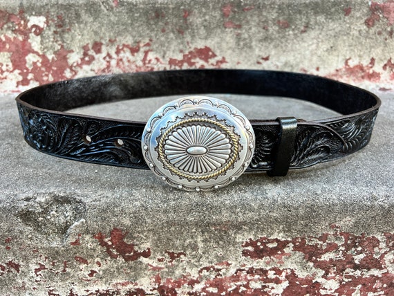 Hand-tooled Leather Belt With Antique Silver Buckle Vintage  display picture 3