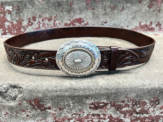 Hand-tooled Leather Belt Vintage Brown With Antique Silver  display picture 3
