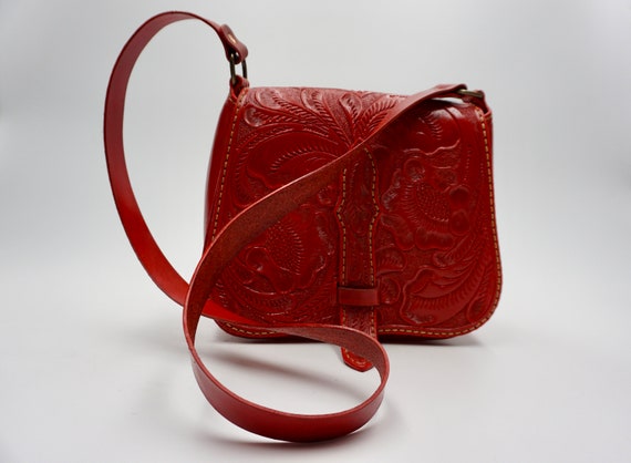 Shoulder Bag Hand-Tooled Leather Vintage Red''ACM… - image 1