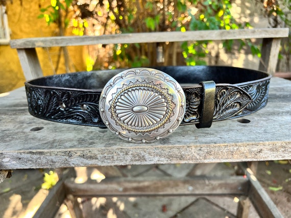 Hand-tooled Leather Belt With Antique Silver Buckle Vintage  display picture 1