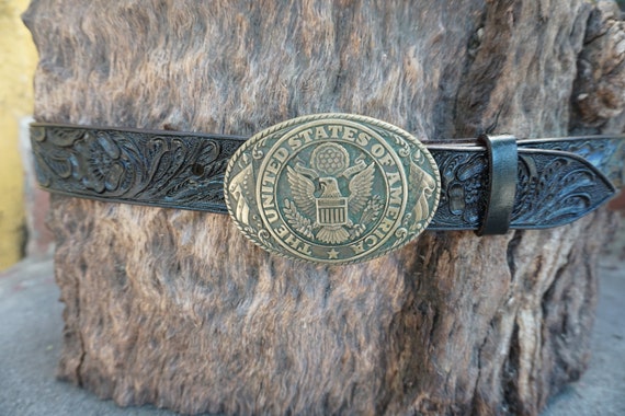 Hand-tooled Leather Belt Vintage Dark Brown.with Vintage  display picture 3