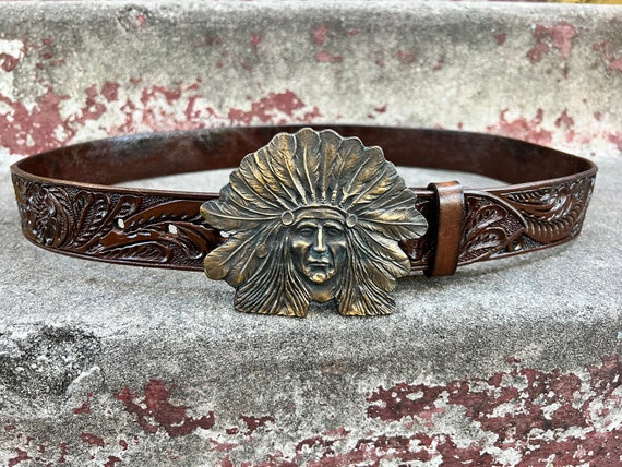 Hand-tooled Leather Belt With Buckle Vintage 1970 display picture 3
