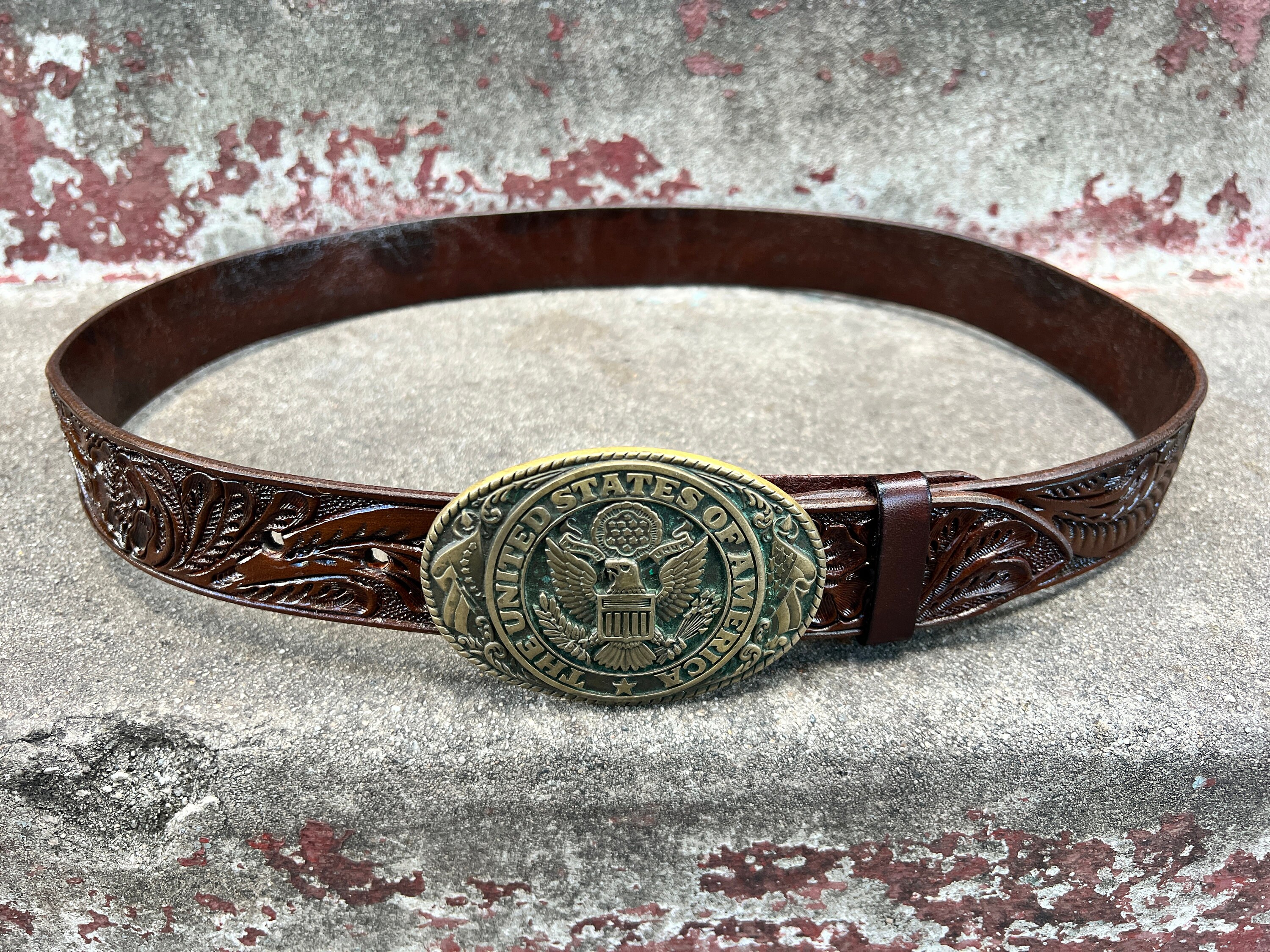 Vintage tooled Leather with brass buckle belt L-41” W-3.” Vintage Hand Tooled Leather Belt Brass Buckle Braided Weaved  main image 2