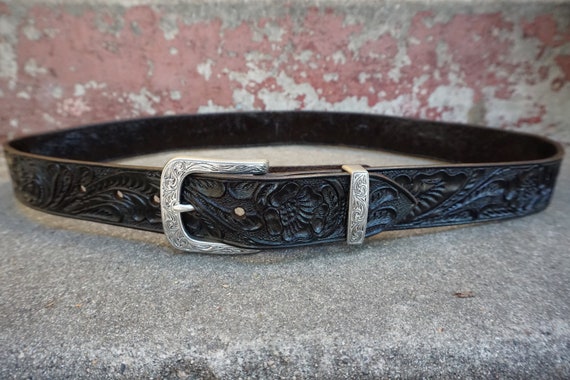 Hand-Tooled Leather Belt Vintage Dark Brown. With… - image 1