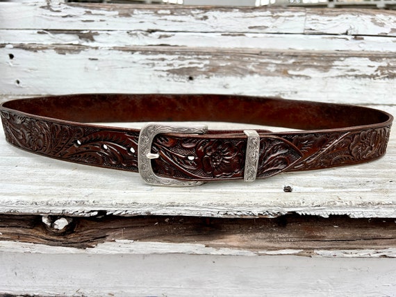Hand-Tooled Leather Belt Vintage  Brown. With Vin… - image 4