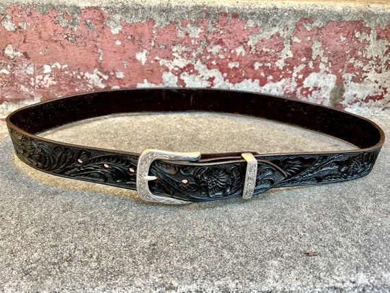 Hand-Tooled Leather Belt Vintage Dark Brown. With… - image 6