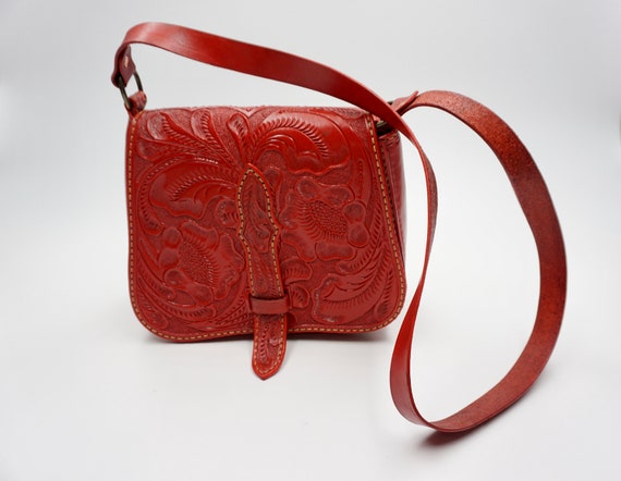 Shoulder Bag Hand-Tooled Leather Vintage Red''ACM… - image 5