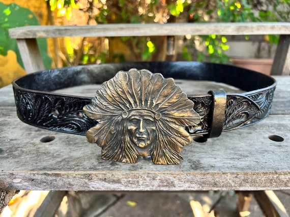 Hand-tooled Leather Belt With Buckle Vintage 1970'S Brass Belt