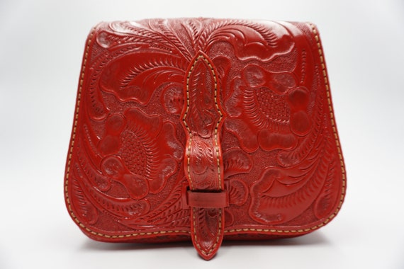 Shoulder Bag Hand-Tooled Leather Vintage Red''ACM… - image 3