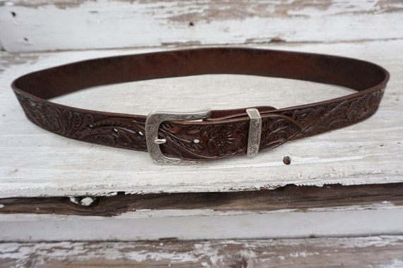Hand-Tooled Leather Belt Vintage  Brown. With Vin… - image 1