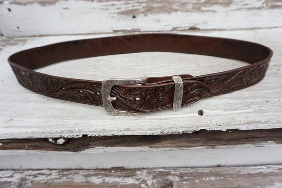 Hand-tooled Leather Belt Vintage Brown. With Vintage Silver  display picture 1
