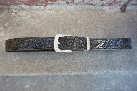 Hand-Tooled Leather Belt Vintage Dark Brown. With… - image 5