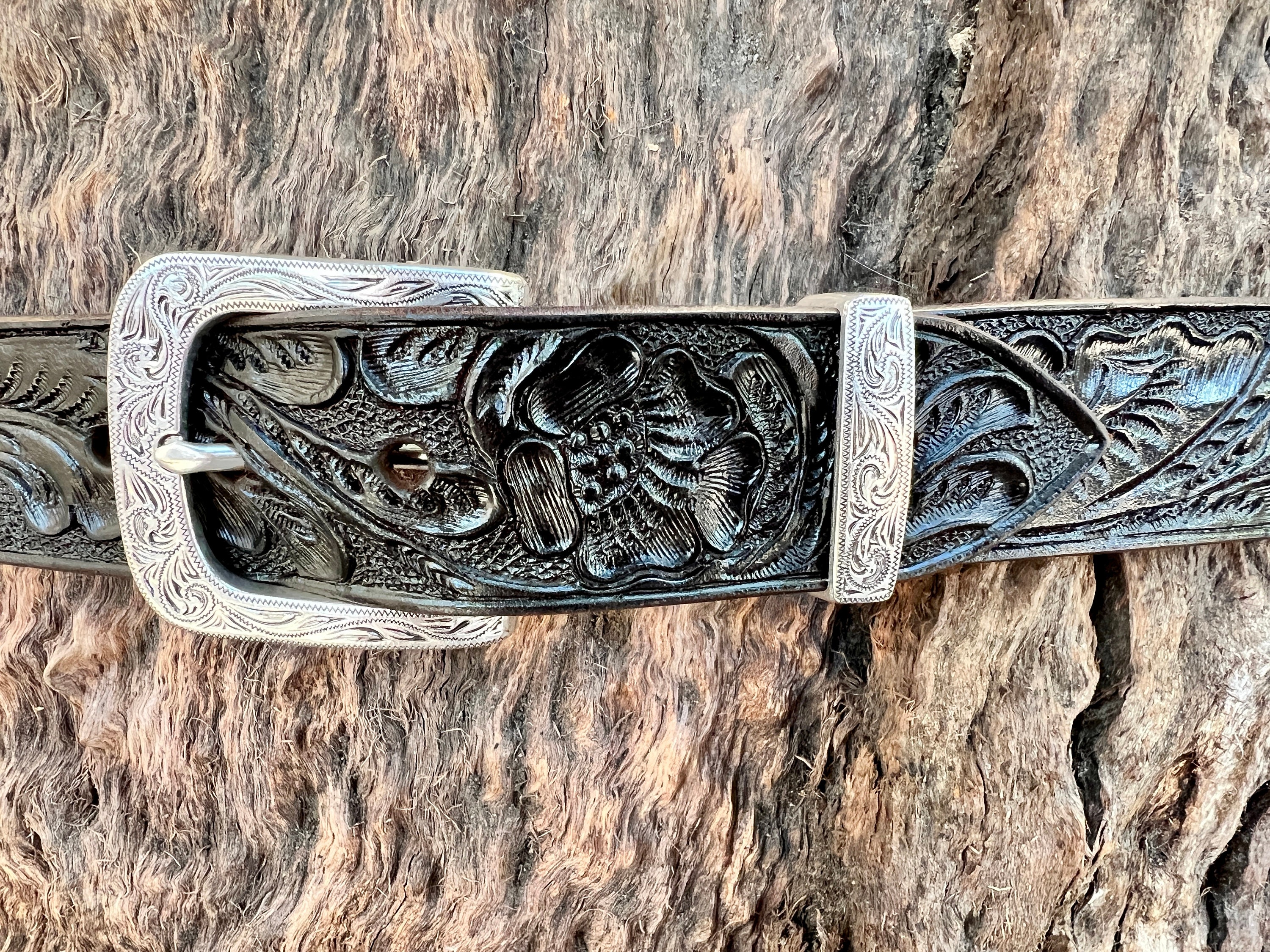 Hand-tooled Leather Belt Vintage Dark Brown. With Vintage