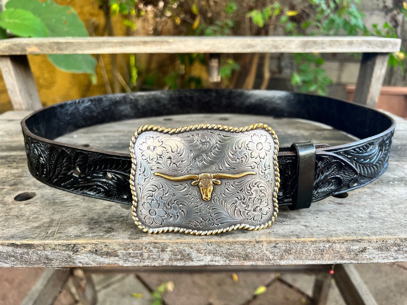 Genuine American Black Hand Tooled Leather Belt - Men or Women