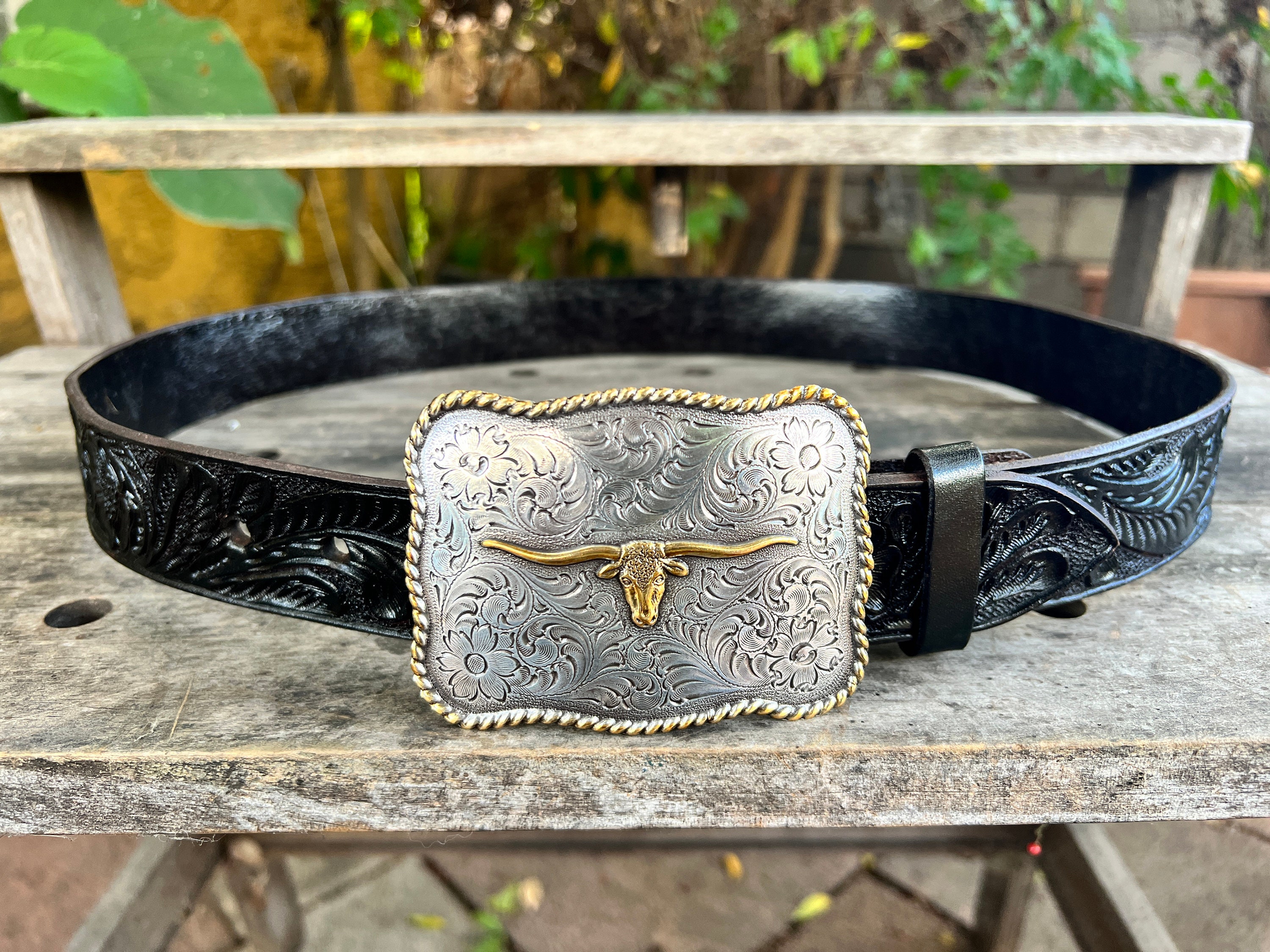 Western Long Horn Buckle with Hand Painted Embossed Belt Small Western Buckle with a hand painted tooled belt Black S  main image 4