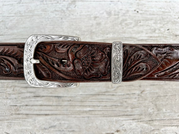 Hand-Tooled Leather Belt Vintage  Brown. With Vin… - image 9