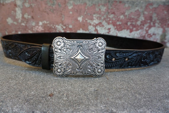 Hand-Tooled Leather Belt Vintage Dark Brown. With… - image 1