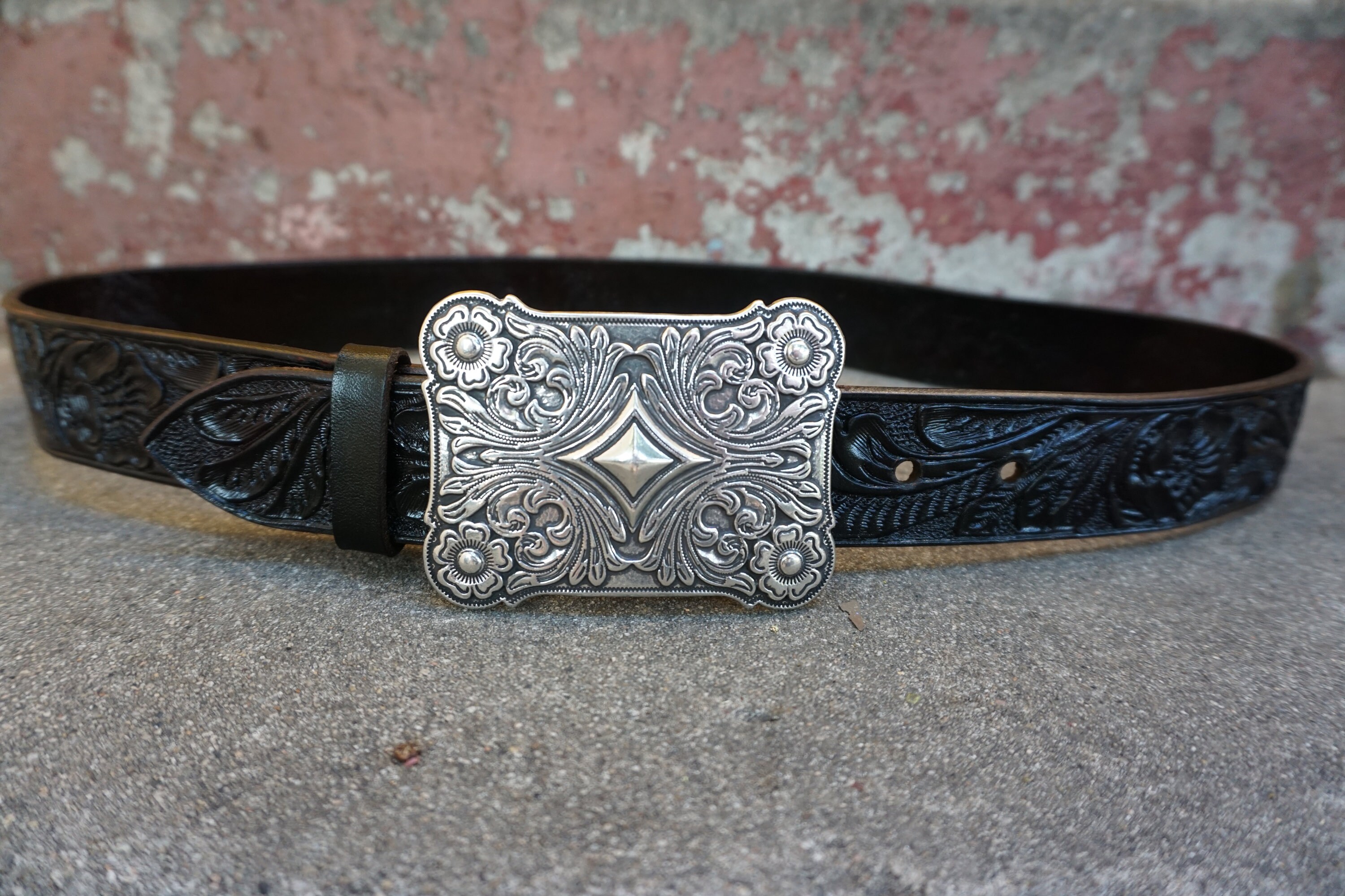 Hand-tooled Leather Belt Vintage Dark Brown. With Vintage Silver