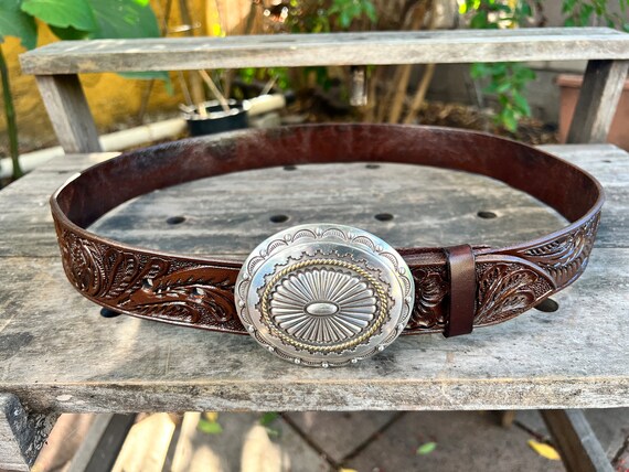 Hand-tooled Leather Belt Vintage Brown With Antique Silver  display picture 1
