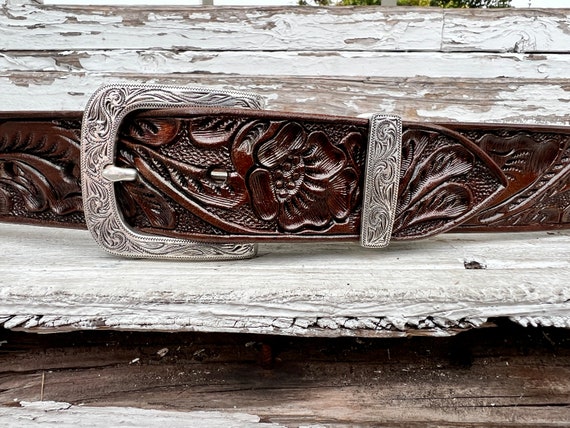 Hand-Tooled Leather Belt Vintage  Brown. With Vin… - image 3