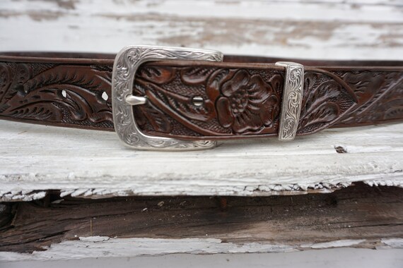 Hand-Tooled Leather Belt Vintage  Brown. With Vin… - image 7