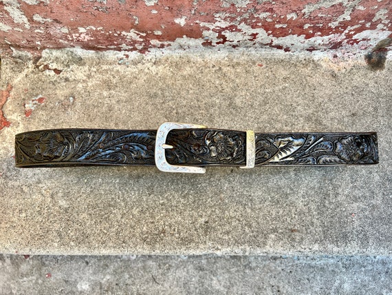 Hand-Tooled Leather Belt Vintage Dark Brown. With… - image 8