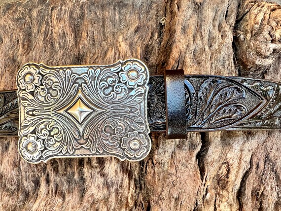 Hand-Tooled Leather Belt Vintage Dark Brown. With… - image 3