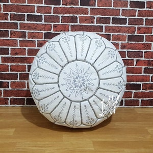 Genuine Leather Moroccan Pouffe Pouf Handmade Ottoman Footstool,White with Grey thread Pouf Ottoman
