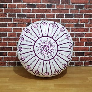 Genuine Leather Moroccan Pouffe Pouf Handmade Ottoman Footstool,White with Pink thread Pouf Ottoman