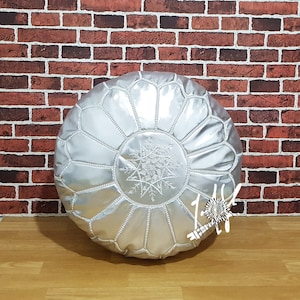 Faux Leather Moroccan Pouffe Pouf Handmade Ottoman Footstool, Silver  Pouf Ottoman